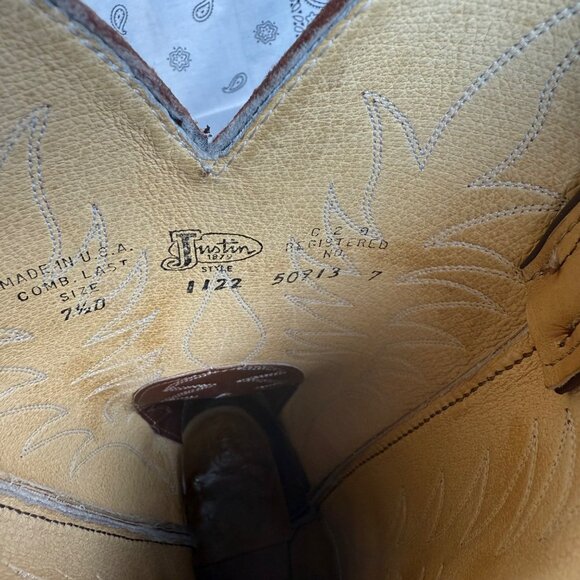 Vtg Justin Mule Hide Tan Western Work Cowboy Boots Mens 7.5D USA Made Cushioned - Picture 10 of 11